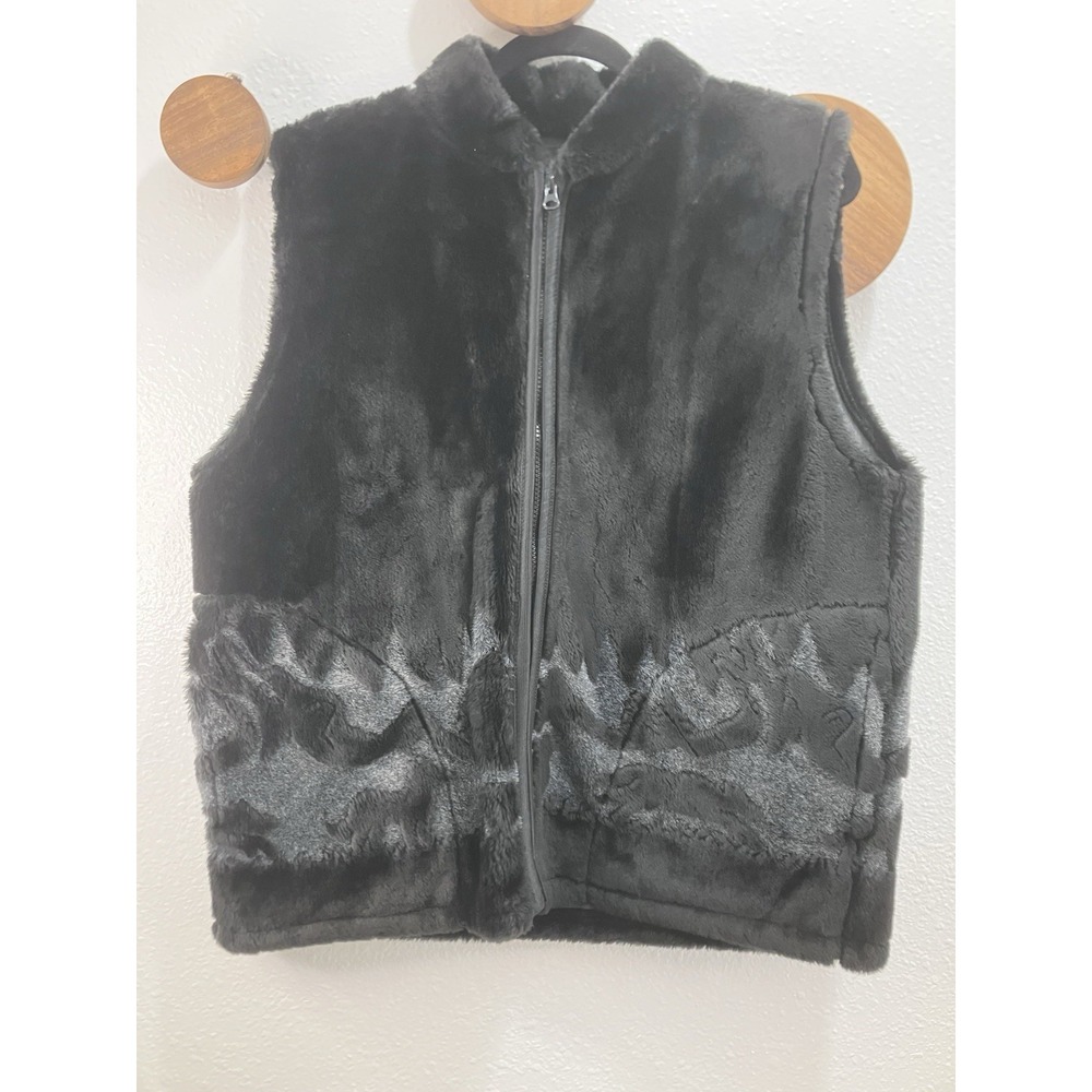 VTG Bear Ridge Black Vest Images Of Faux Fur Size Large Mountain Scene Made USA